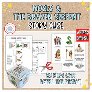 May include: A printable craft kit titled Moses & The Brazen Serpent Story Cube featuring illustrated paper templates, a finished cube, and story cards. The set includes instructions, biblical character graphics, a green serpent, and red scissors.