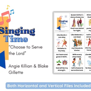Könnte beinhalten: Ein digitaler Download mit dem Titel "Singing Time" und dem Text "Choose to Serve the Lord". Das Design umfasst Noten, ein blaues Dreieck und ein Raster illustrierter biblischer Geschichten. Erstellt von Angie Killian & Blake Gillette.