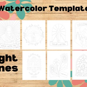 May include: A collection of watercolor templates with line art designs. The templates feature religious themes, including figures and floral elements. Text includes "Walk With Me" and "Abide In Me". The background is a wooden surface.