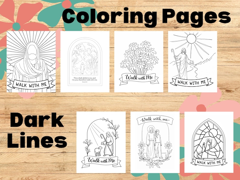 May include: A collection of black and white coloring pages with religious themes. Each page features a different illustration, including Jesus, flowers, and biblical scenes. The phrase "Walk with Me" appears on several pages.