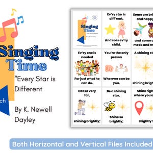 May include: A colorful printable poster for a children's singing time class. The poster features the title "Singing Time" with the text "Every Star is Different" and the month "March". The poster also includes the name "By K. Newell Dayley". The poster is divided into nine squares with different messages about being unique and shining brightly.