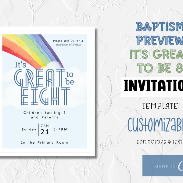 Baptism Preview Invitation | It's Great to be 8 Invitation | Baptism Preparation Meeting | Instant download | Customizable | Canva Template