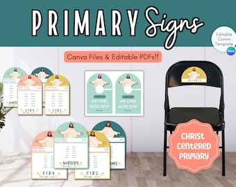 May include: A set of printable signs for a Christ-centered primary classroom. The signs feature a yellow, teal, and peach color scheme with a graphic of Jesus. The signs include "Our Class Needs Help!" and "Nursery".