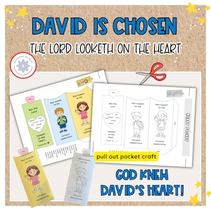 Puede incluir: Un proyecto de manualidades con el texto "David es elegido" y "¡Dios conocía el corazón de David!" incluye marcadores imprimibles y una manualidad de bolsillo extraíble. Los marcadores presentan ilustraciones de niños y versículos bíblicos.