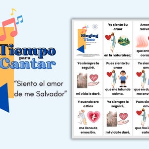 May include: A collection of illustrated cards with Spanish text and images. The cards feature phrases like "Singing Time" and "I feel His love." The design includes musical notes and colorful graphics, suitable for educational or devotional purposes.
