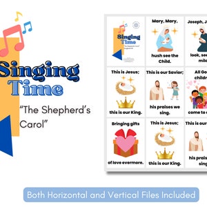 May include: A printable set of Christmas carol cards featuring illustrations of the Nativity story. The cards include the lyrics "Mary, Mary, hush see the Child." and "Joseph, Joseph, look, see how mild!" as well as "This is Jesus; this is our Savior; his praises we sing." and "All God's children, come to adore."
