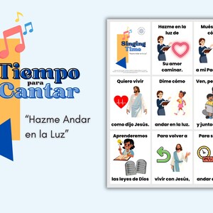 May include: A colorful graphic with the text "Tiempo para Cantar" and "Hazme Andar en la Luz." The image includes musical notes and a grid of illustrations depicting religious themes, including Jesus, hearts, and children.