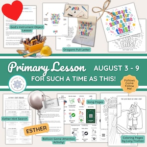 May include: A collection of educational printables for a lesson titled For Such a Time as This, featuring Esther 4:14 text, colouring pages, an origami pull letter, a word search, song pages, and activity sheets with colourful graphics and illustrations.