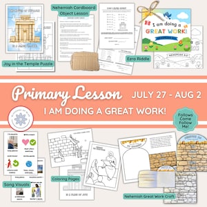 May include: A collection of religious educational materials including a puzzle titled The House of the Lord, Nehemiah object lesson sheets, Ezra riddle worksheets, coloring pages, song visuals, and a Nehemiah Great Work craft with stone wall graphics.