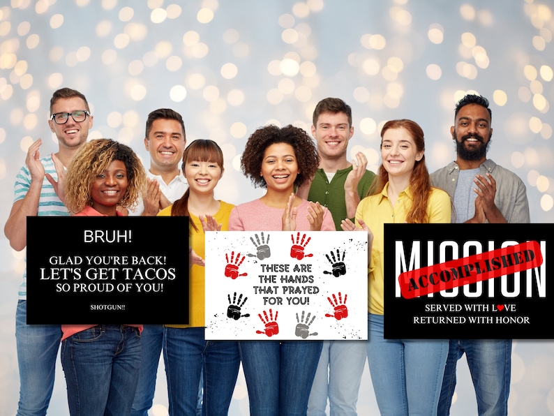 Puede incluir: Un grupo de personas aplauden y sostienen carteles. Los carteles dicen "Bruh! Glad you're back! Let's get tacos so proud of you! Shotgun!"  "These are the hands that prayed for you!" y "Mission Accomplished. Served with love. Returned with honor."