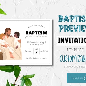 May include: A white invitation template for a baptism preview. The invitation features a cartoon illustration of a man and two children. The text on the invitation reads "Please join us for a Baptism preview. Children turning 8 and parents. Sunday, Jan 7, 6-7PM. In the Primary Room."