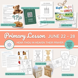 Peut inclure: Ensemble de matériel pédagogique pour une leçon primaire, comprenant des pages à colorier, des fiches d'activités et un ours en peluche. Le thème est centré sur les enseignements religieux, avec le texte "Primary Lesson JUNE 22 - 28".