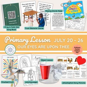 May include: A collection of religious educational materials including a song book with a QR code, a trust obstacle course guide, a missing words maze, colouring pages, a pinwheel craft, a red plastic cup, and Jehoshaphat story pictures.