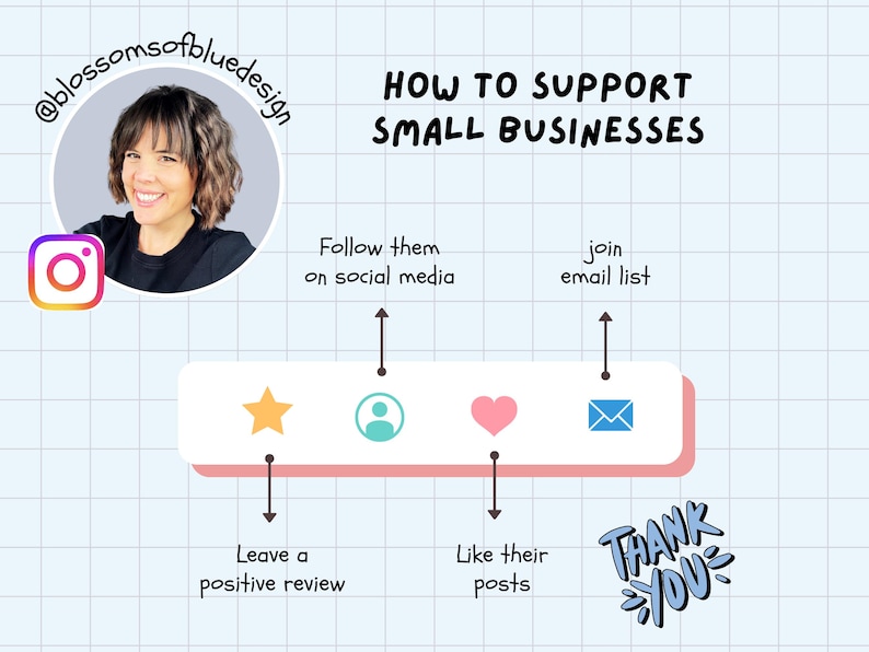 K&ouml;nnte beinhalten: Eine Infografik mit dem Titel HOW TO SUPPORT SMALL BUSINESSES auf einem hellblauen Rasterhintergrund. Sie enth&auml;lt ein kreisf&ouml;rmiges Portr&auml;t, ein Instagram-Symbol und vier Symbole mit Pfeilen, die auf den Text zeigen: Leave a positive review, Follow them on social media, Like their posts und join email list. Der Text THANK YOU steht unten.