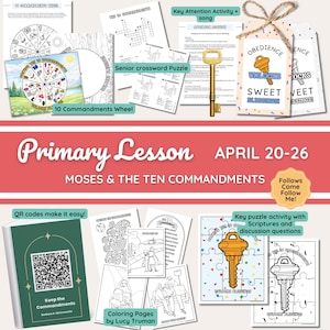 May include: A collection of educational materials for a primary lesson on Moses and the Ten Commandments. Includes a wheel, crossword puzzle, key-shaped puzzle, coloring pages, and a book titled "Keep the Commandments". The theme is "Obedience unlocks sweet blessings!"