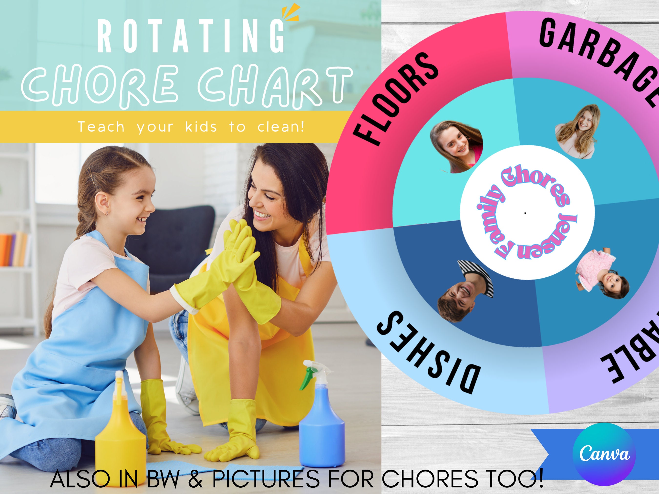 Rotating Family Chore Chart | Canva Template | Editable Job Chart | Weekly and Daily Chore Chart | Instant Download | Chore Chart for kids
