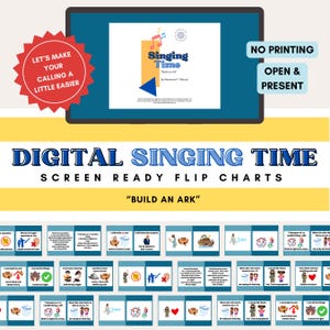 以下が含まれることがあります： 「Build an Ark」のテキストが入ったデジタルSinging Timeフリップチャート。画像には、「Singing Time」というタイトルと「Let's make your calling a little easier」というテキストが入った赤いスターバーストが表示されたタブレットが含まれています。