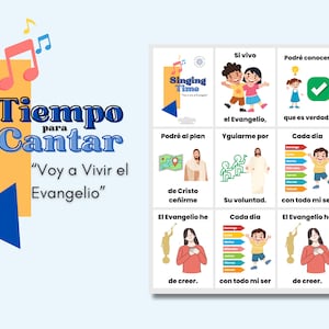 May include: A colorful illustration with the text "Tiempo para Cantar" and "Voy a Vivir el Evangelio" in Spanish. The illustration features a musical note and a blue and yellow triangle. The illustration is surrounded by a grid of nine squares, each containing a different illustration and text in Spanish.