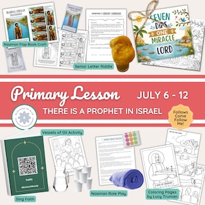 Puede incluir: Una colección de materiales educativos religiosos que incluye hojas de actividades impresas, páginas para colorear, un libro verde con un código QR, un vaso pequeño con una esponja amarilla, una tela morada y una hoja de pegatinas para una lección.