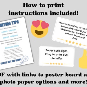Puede incluir: Una descarga digital de carteles imprimibles con instrucciones sobre c&oacute;mo imprimirlos. Los carteles son para una fiesta o evento y presentan un dise&ntilde;o lindo. La imagen incluye comentarios de clientes y un emoji de pulgar hacia arriba.
