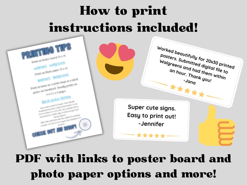 Puede incluir: Una descarga digital de carteles imprimibles con instrucciones sobre c&oacute;mo imprimirlos. Los carteles son para una fiesta o evento y presentan un dise&ntilde;o lindo. La imagen incluye comentarios de clientes y un emoji de pulgar hacia arriba.