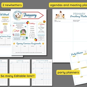 K&ouml;nnte beinhalten: Eine Sammlung druckbarer Dokumente, darunter zwei Newsletter f&uuml;r Kearney 3rd Ward, eine Tagesordnung f&uuml;r ein Pr&auml;sidentschaftstreffen, ein Partyplaner und drei bearbeitbare Listen f&uuml;r Primar- und Kindergartenklassen mit Text und Grafiken.