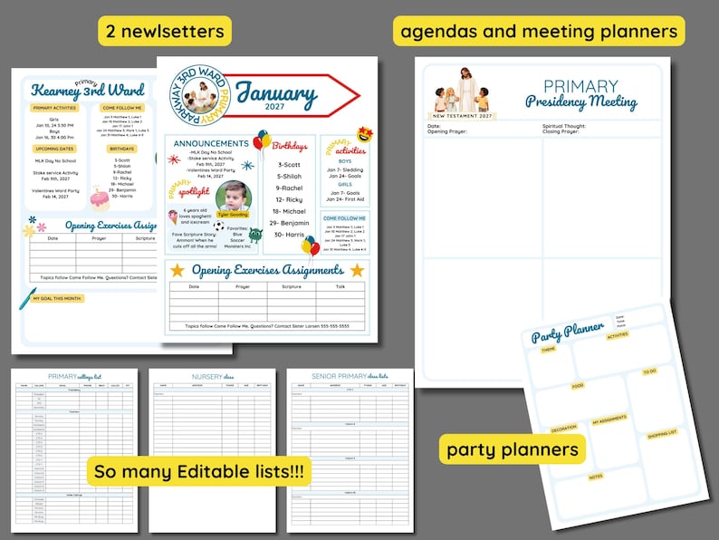 K&ouml;nnte beinhalten: Eine Sammlung druckbarer Dokumente, darunter zwei Newsletter f&uuml;r Kearney 3rd Ward, eine Tagesordnung f&uuml;r ein Pr&auml;sidentschaftstreffen, ein Partyplaner und drei bearbeitbare Listen f&uuml;r Primar- und Kindergartenklassen mit Text und Grafiken.