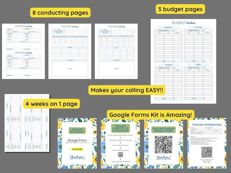 K&ouml;nnte beinhalten: Ein digitales Organisationsset mit druckbaren Seiten f&uuml;r die Leitung von Versammlungen und Budgetverfolgung. Enth&auml;lt Vier-Wochen-Planungsbl&auml;tter, Google-Formulare f&uuml;r Prim&auml;r-Spotlights, Vertretungs-Flussdiagramme und Lehrerinformationsbl&auml;tter.