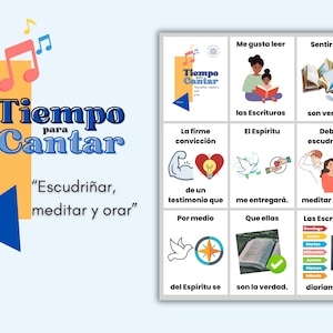 Peut inclure: Une affiche colorée avec le titre "Tiempo para Cantar" et le texte "Escudriñar, meditar y orar". L'affiche présente une série d'images et de texte en espagnol, notamment "Me gusta leer las Escrituras", "Sentir que son verdad", "La firme convicción de un testimonio que por medio del Espíritu se me entregará", "Debo escudriñar, meditar y orar, Las Escrituras diariamente", et "El Espíritu que ellas son la verdad".