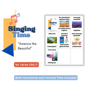 以下が含まれることがあります： America the Beautifulの1st Verse ONLYをテーマにしたSinging Time教育用チャート。琥珀色の穀物、紫色の山々、果樹、アメリカ国旗、王冠の画像と歌詞が組み合わされています。水平および垂直ファイルが含まれています。
