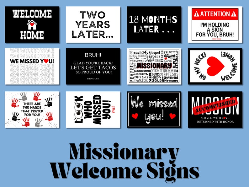 Puede incluir: Un conjunto de 10 carteles de bienvenida a casa para misioneros. Los carteles presentan una variedad de dise&ntilde;os, que incluyen una casa, corazones, manos y texto. Los carteles son en blanco y negro con acentos rojos.