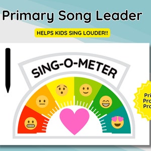 Może przedstawiać: Kolorowa tabela z sercem w środku i półkolem w kolorach tęczy z różnymi emoji. Tabela jest oznaczona jako "SING-O-METER" i ma żółtą gwiazdę z tekstem "Primary Program Practice!" w prawym górnym rogu.