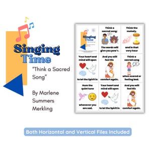May include: A digital print titled "Singing Time: Think a Sacred Song" with accompanying graphics. The design includes musical notes, a blue triangle, and text. The print is available in both horizontal and vertical formats.