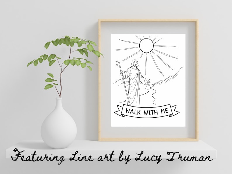 May include: Black and white line art print in a light wood frame. The artwork depicts a figure with a staff, sun rays, and the text "WALK WITH ME" on a banner. A white vase with a green plant is on the left.