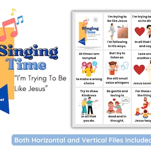 Puede incluir: Un póster imprimible colorido con el título "Singing Time" y el subtítulo "I'm Trying To Be Like Jesus". El póster presenta ilustraciones de personas cantando e incluye letras sobre intentar ser como Jesús.