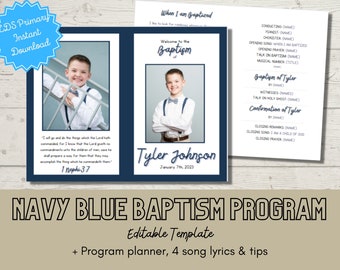 Modello di programma di battesimo / Modello di programma di battesimo LDS Navy Blue / Ragazzo / Personalizzabile e facile da modificare in CANVA / Download istantaneo