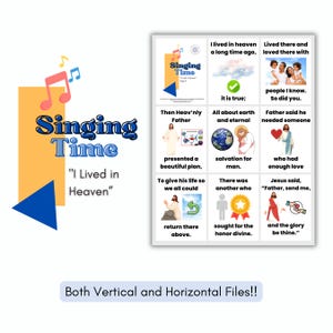 May include: A colorful graphic design for "Singing Time" featuring the text "I Lived in Heaven." The design includes musical notes, a blue triangle, and a grid of images with religious themes and text. The design is available in both vertical and horizontal formats.