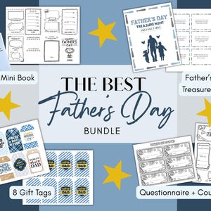 May include: A Father's Day bundle featuring a mini book, gift tags, a treasure hunt, and a questionnaire with coupons. The design includes blue and white elements with yellow star accents. Text includes "Happy Father's Day" and "The Best Father's Day Bundle."
