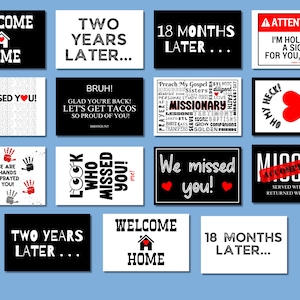 Puede incluir: Un conjunto de 10 carteles de bienvenida a casa imprimibles con varios dise&ntilde;os y mensajes. Los carteles presentan texto en blanco y negro con acentos rojos. Algunos carteles incluyen las palabras "Bienvenido a casa", "Dos a&ntilde;os despu&eacute;s", "18 meses despu&eacute;s", "Te extra&ntilde;amos", "Misi&oacute;n cumplida", "Mira qui&eacute;n te extra&ntilde;&oacute;", "Estas son las manos que oraron por ti", "&iexcl;Bruh! &iexcl;Me alegro de que est&eacute;s de vuelta! &iexcl;Vamos a comer tacos! &iexcl;Estoy tan orgulloso de ti!" y "&iexcl;Atenci&oacute;n! &iexcl;Estoy sosteniendo un cartel para ti, amigo!"