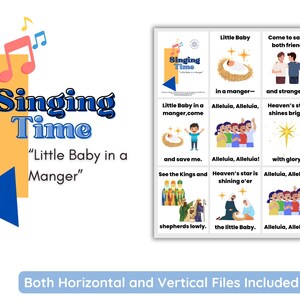 Może przedstawiać: Cyfrowy wydruk z tytułem "Singing Time" i frazą "Little Baby in a Manger". Obraz zawiera ilustracje dziecka w żłobie, śpiewających ludzi i tekst "Alleluia". Obecne są również słowa "Both Horizontal and Vertical Files Included".