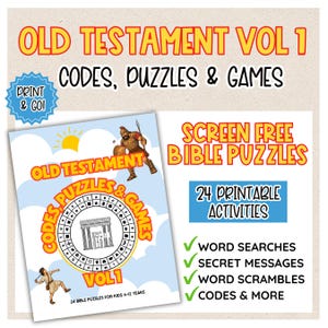 May include: A printable activity book titled Old Testament Vol 1 Codes, Puzzles & Games featuring 24 Bible puzzles for kids. The cover displays a circular cipher wheel, a warrior, and a person with a slingshot against a light blue sky background.