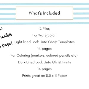 May include: A white background with light blue horizontal stripes and text. The text reads "What's Included" in a rectangular box. Below, it lists "2 Files" and details for watercolor and coloring templates, each with 14 pages. Includes a watercolor tips page.