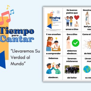 May include: A colorful graphic with the words "Tiempo para Cantar" and "Singing Time." The image includes illustrations and text in Spanish, with musical notes and a blue triangle. The theme appears to be religious or educational.