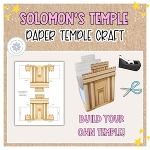 以下が含まれることがあります： 「Solomon's Temple Paper Temple Craft」のテキストが入った、紙の寺院のクラフトキット。画像には、3Dの紙の寺院、テンプレート、ハサミ、テープが写っています。「Build Your Own Temple!」の文字も見えます。