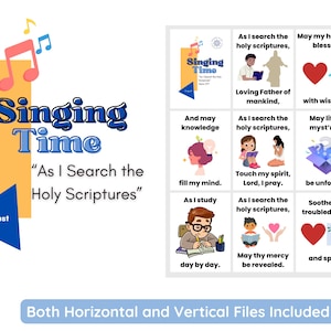Op de afbeelding: Digitale print met de woorden "Singing Time" en "As I Search the Holy Scriptures". De afbeelding bevat illustraties en tekst uit de Schriften, met muzieknoten en een blauwe driehoek met de tekst "August".