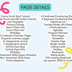K&ouml;nnte beinhalten: Ein digitales Dokument mit dem Titel PAGE DETAILS, das organisatorische Vorlagen auflistet, darunter Canva-Tutorials, Kalenderseiten, Aufgabenlisten, Lehrpl&auml;ne und verschiedene Planungsbl&auml;tter, verziert mit rosa und gelben Wirbelgrafiken.