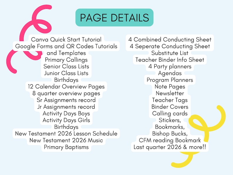 K&ouml;nnte beinhalten: Ein digitales Dokument mit dem Titel PAGE DETAILS, das organisatorische Vorlagen auflistet, darunter Canva-Tutorials, Kalenderseiten, Aufgabenlisten, Lehrpl&auml;ne und verschiedene Planungsbl&auml;tter, verziert mit rosa und gelben Wirbelgrafiken.