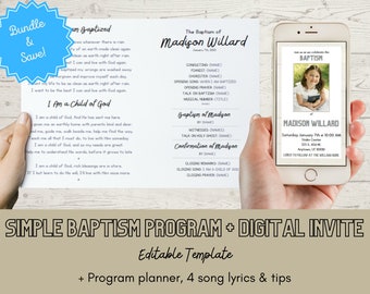 Baptism Program Template | LDS Gender Neutral Baptism Program Template | Simple + Digital Electronic Baptism Invitation | Canva | Bundle