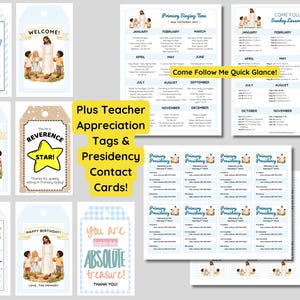 K&ouml;nnte beinhalten: Eine Sammlung druckbarer religi&ouml;ser Schreibwaren, darunter Geschenkanh&auml;nger, Kontaktkarten und Unterrichtspl&auml;ne. Die Artikel zeigen Illustrationen einer Figur mit Kindern sowie Texte wie You make our Primary sweet, Reverence Star und Come Follow Me.