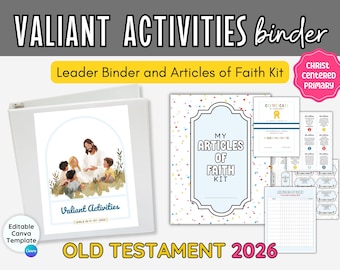 Könnte beinhalten: Ein weißer Ordner mit dem Text "VALIANT ACTIVITIES binder" und "Leader Binder and Articles of Faith Kit". Der Ordner enthält ein Bild von Jesus mit Kindern. Zusätzliche Materialien umfassen ein Kit mit dem Text "MY ARTICLES OF FAITH KIT".